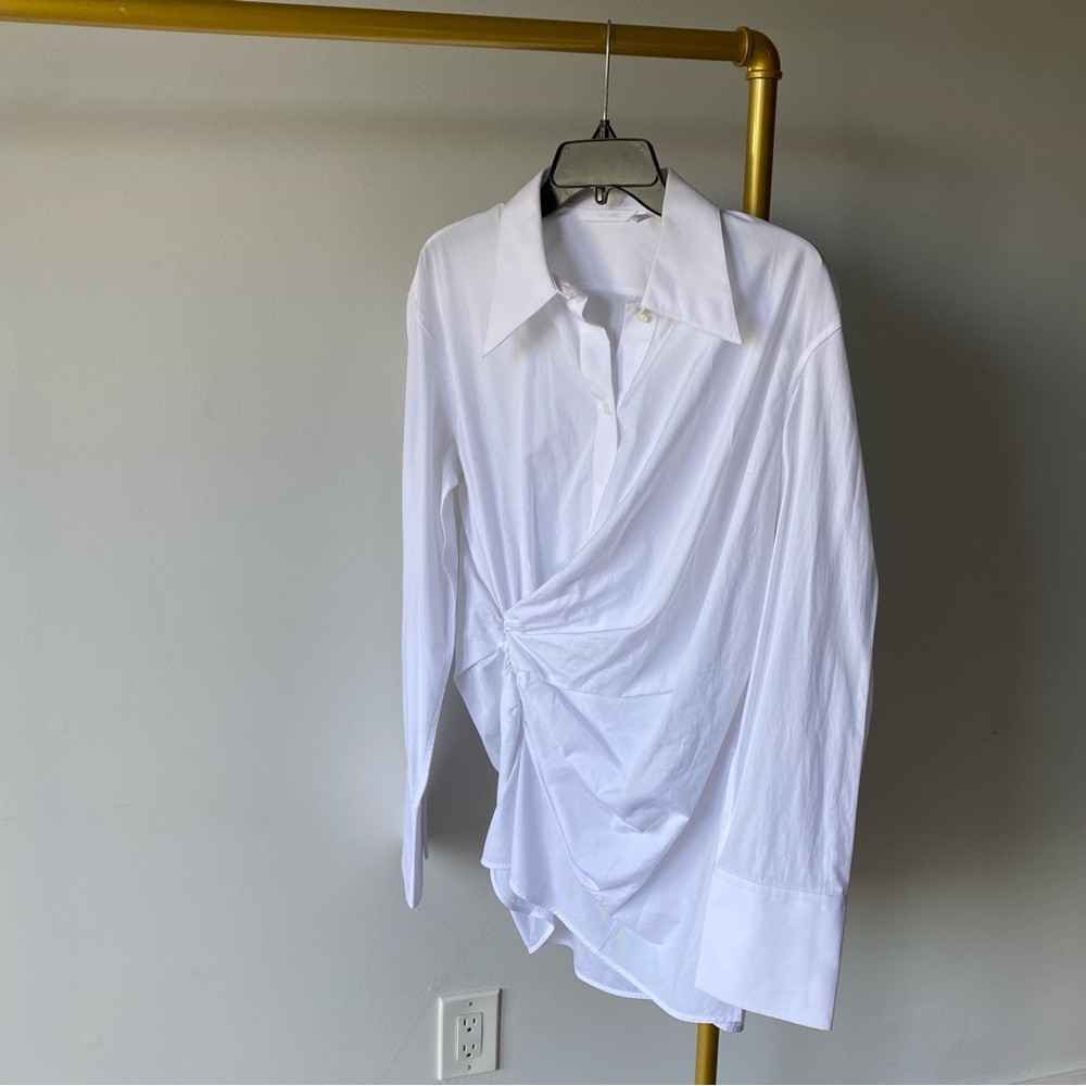 Helmut Lang White Draped Twist-Front Button-Up Blouse